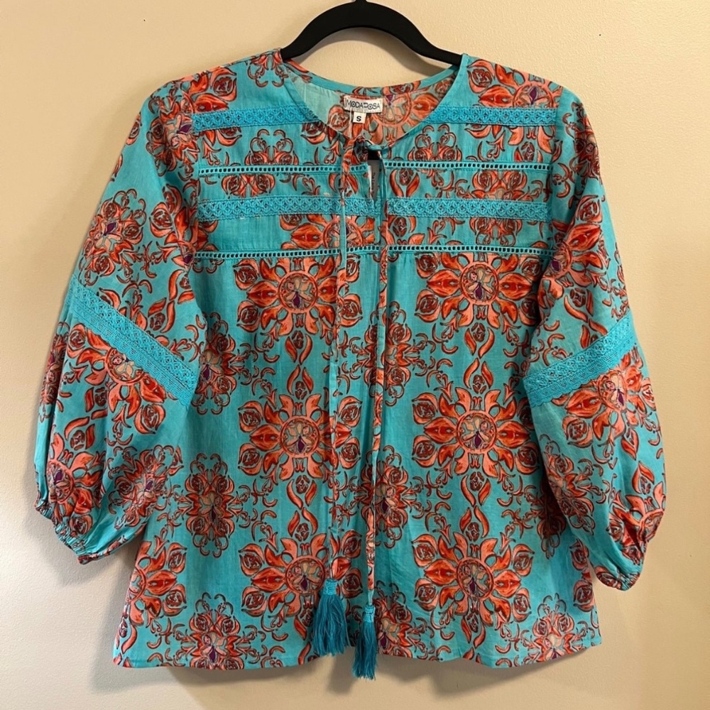 MODAPOSA womens 3/4 sleeve lace trim turquoise medallion ties front top size‎ S